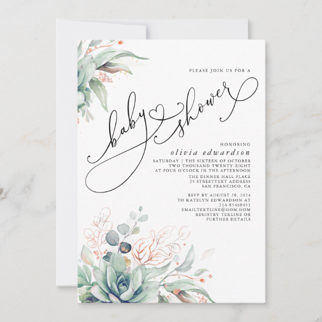 Succulents Greenery Cute Elegant Baby Shower Invitation (Front)