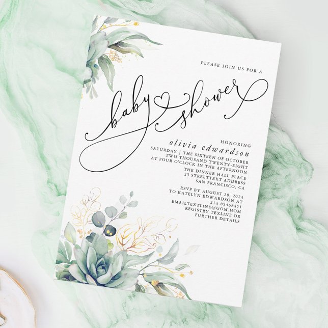 Succulents Greenery Cute Elegant Baby Shower Invitation (Succulents Baby Shower Invitations)