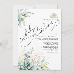 Succulents Greenery Cute Rainbow Baby Shower Invitation