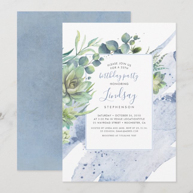 Succulents Greenery Dusty Blue Birthday Party Invitation (Front/Back)