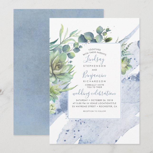 Succulents Greenery Dusty Blue Elegant Wedding Invitation (Front/Back)