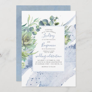 Succulents Greenery Dusty Blue Elegant Wedding Invitation