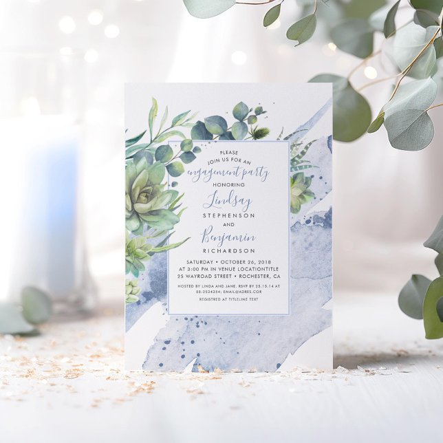 Succulents Greenery Dusty Blue Engagement Party Invitation (Dusty Blue Greenery Engagement Party Invitations)