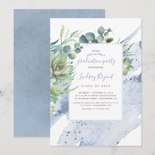 Succulents Greenery Dusty Blue Graduation Party Invitation (Front/Back)