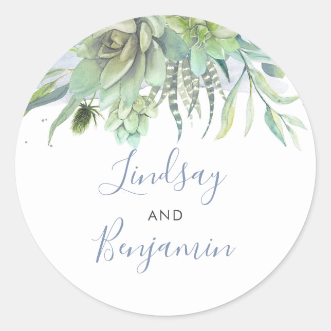 Succulents Greenery Dusty Blue Wedding Classic Round Sticker (Front)