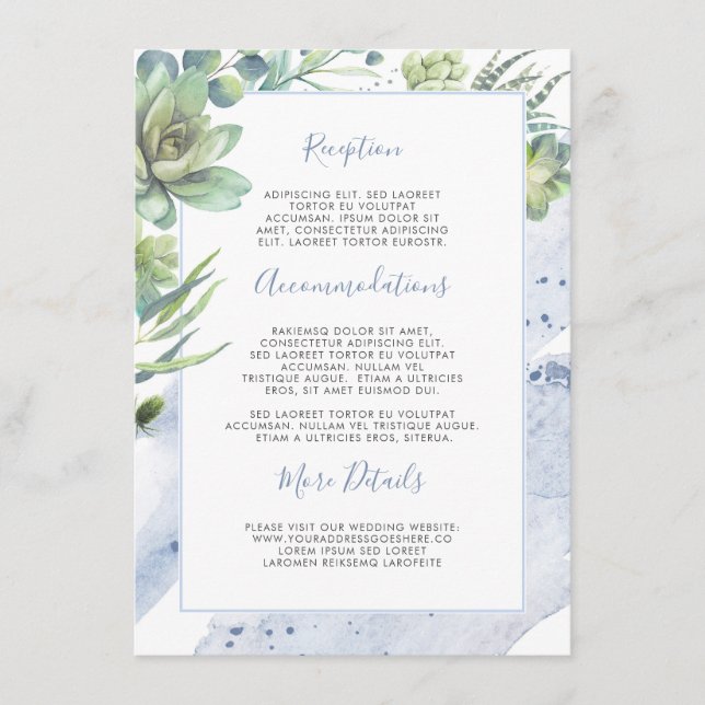 Succulents Greenery Dusty Blue Wedding Information Enclosure Card (Front)