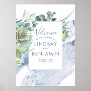 Succulents Greenery Dusty Blue Wedding Poster