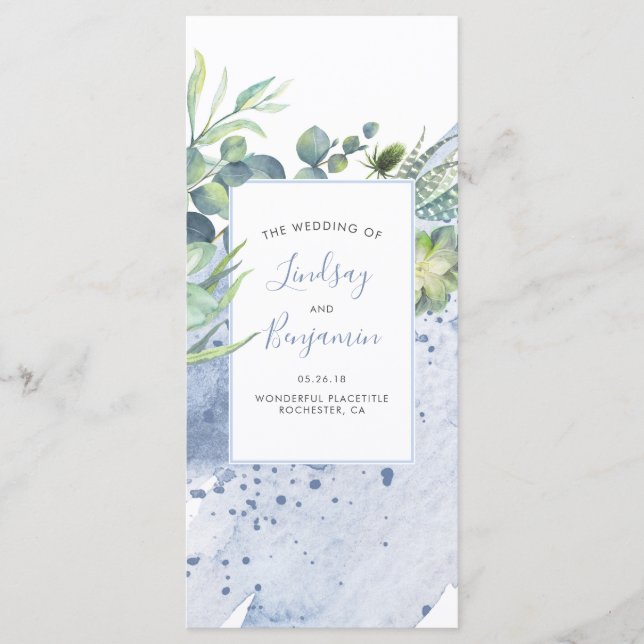 Succulents Greenery Dusty Blue Wedding Programs Programme (Front)
