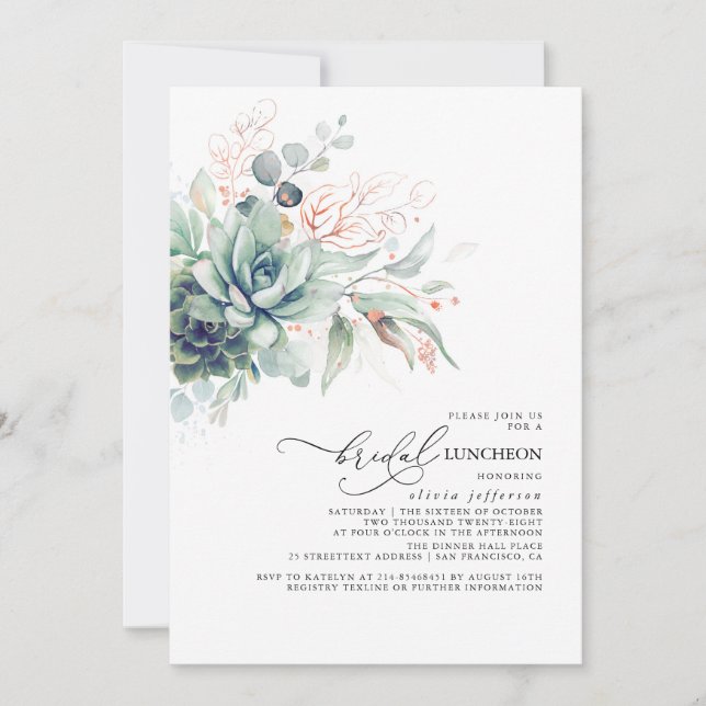 Succulents Greenery Elegant Leaves Bridal Luncheon Invitation (Front)