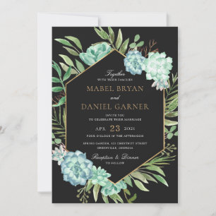 Succulents Greenery Geometric Gold Frame Wedding Invitation