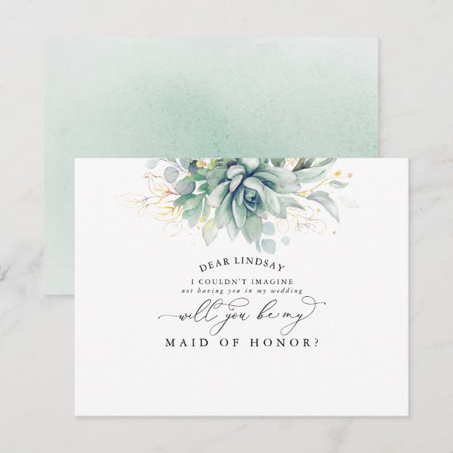 Succulents Greenery Gold Leaf Bridesmaid Proposal Invitation (Front/Back)
