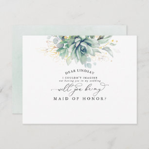 Succulents Greenery Gold Leaf Bridesmaid Proposal Invitation