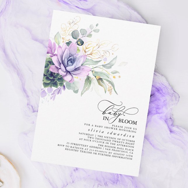 Succulents Greenery Gold Leaves Boho Baby Shower I Invitation (Purple Succulents Baby Shower Invitations - Baby In Bloom)