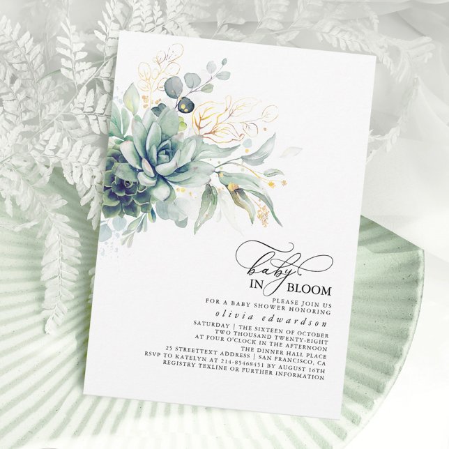 Succulents Greenery Gold Leaves Boho Baby Shower Invitation (Baby In Bloom Greenery Baby Shower Invitations)