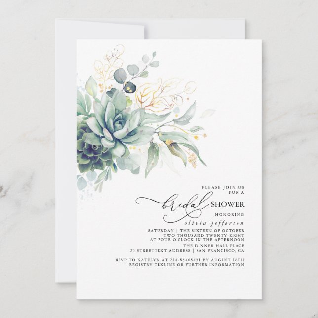 Succulents Greenery Gold Leaves Boho Bridal Shower Invitation (Front)