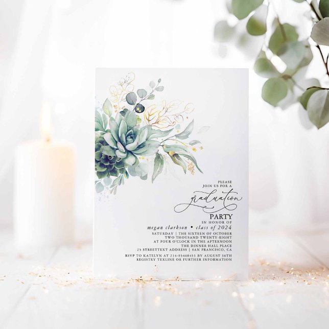 Succulents Greenery Gold Leaves Boho Graduation Invitation (Succulents Greenery Graduation Party Invitations)