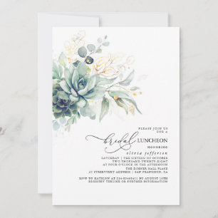 Succulents Greenery Gold Leaves Bridal Luncheon Invitation
