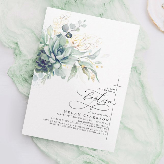 Succulents Greenery Gold Leaves Elegant Baptism Invitation (Creator Uploaded)