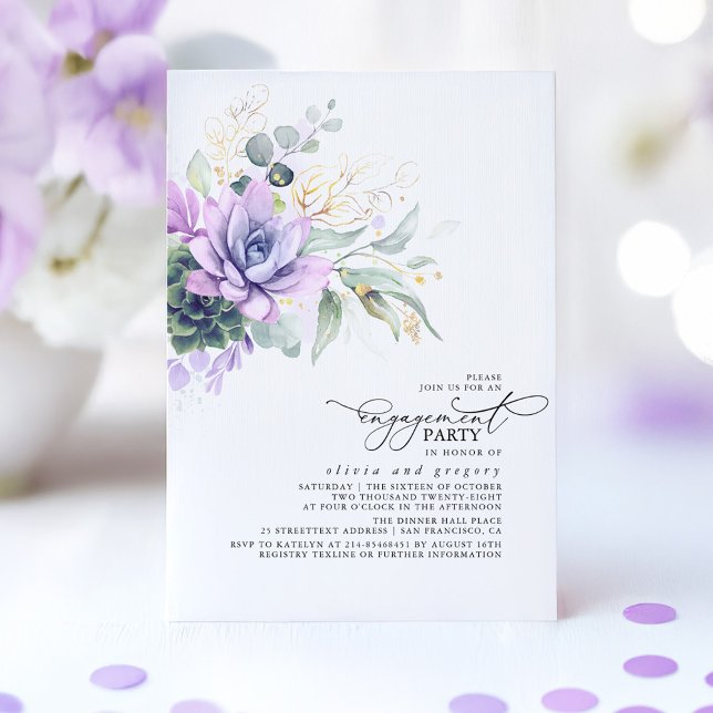 Succulents Greenery Gold Leaves Engagement Party I Invitation (Purple Boho Engagement Party Invitation)