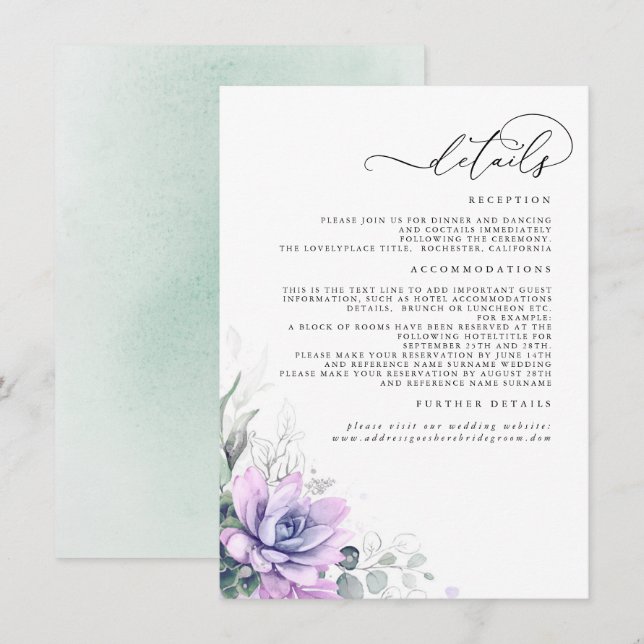 Succulents Greenery Gold Leaves Wedding Details Enclosure Card (Front/Back)