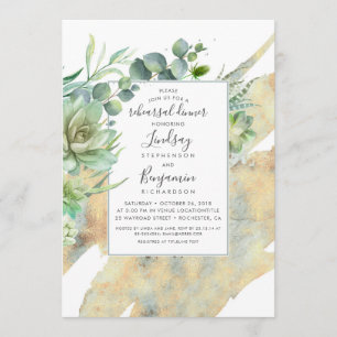 Succulents Greenery Gold Splatter Rehearsal Dinner Invitation