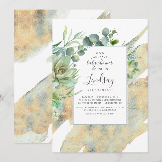 Succulents Greenery Gold Watercolors Baby Shower Invitation (Front/Back)