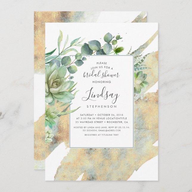 Succulents Greenery Gold Watercolors Bridal Shower Invitation (Front/Back)