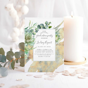Succulents Greenery Gold Watercolors Graduation Invitation