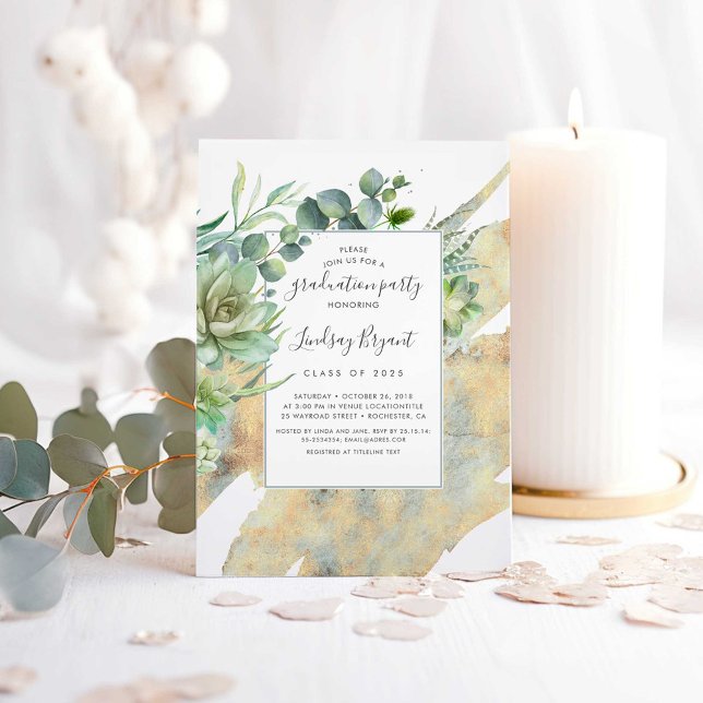 Succulents Greenery Gold Watercolors Graduation Invitation (Succulents Greenery Gold Graduation Party Invitations)