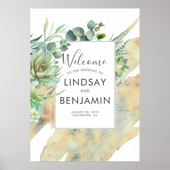 Succulents Greenery Gold Watercolors Wedding Poster (Front)