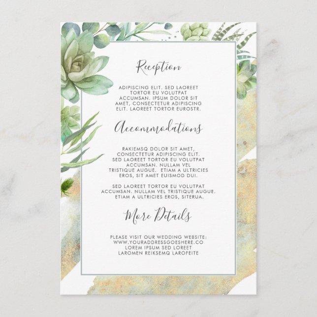Succulents Greenery Gold Wedding Information Enclosure Card (Front)