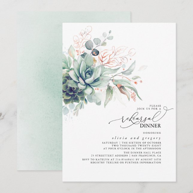 Succulents Greenery Leaves Rehearsal Dinner Invitation (Front/Back)