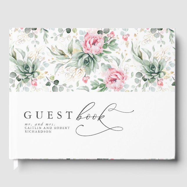 Succulents Greenery Pink Flowers Boho Wedding Guest Book (Front)