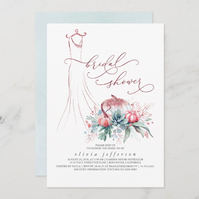 Succulents Greenery Pumpkins Dress Bridal Shower I Invitation (Front/Back)