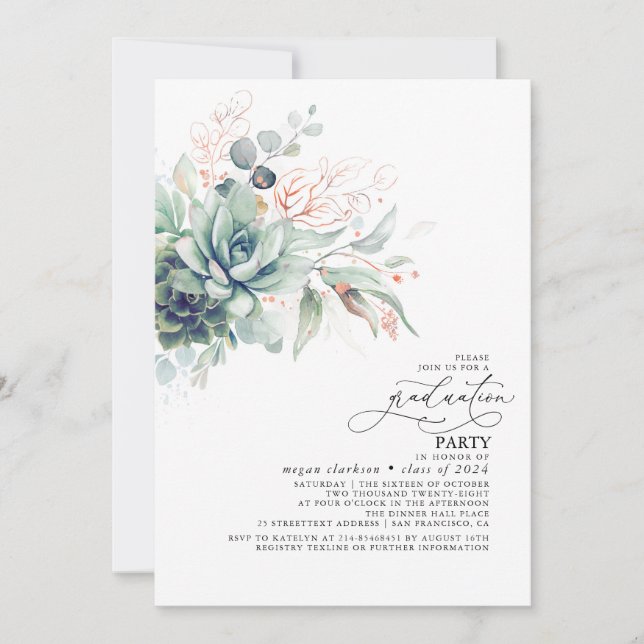 Succulents Greenery Rose Gold Leaves Graduation Invitation (Front)
