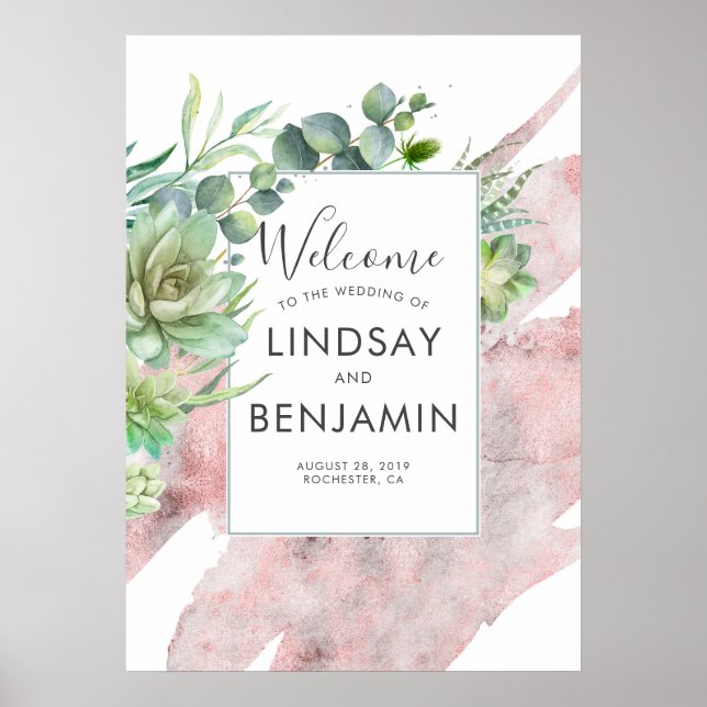 Succulents Greenery Rose Gold Watercolors Wedding Poster (Front)