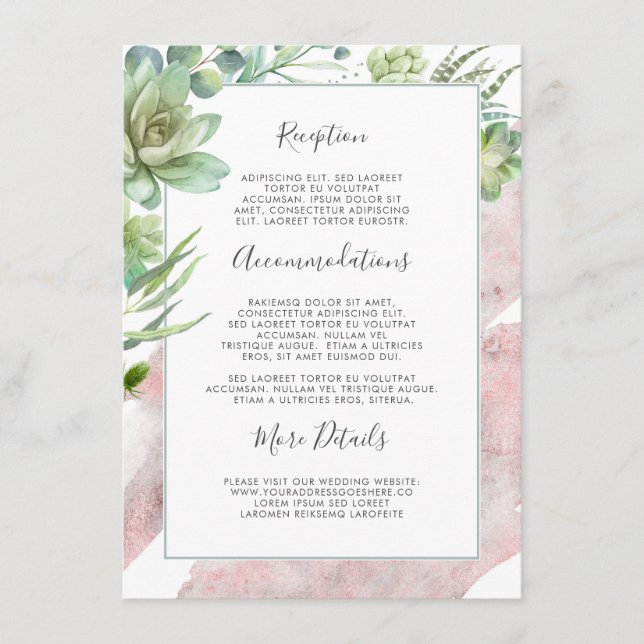 Succulents Greenery Rose Gold Wedding Information Enclosure Card (Front)
