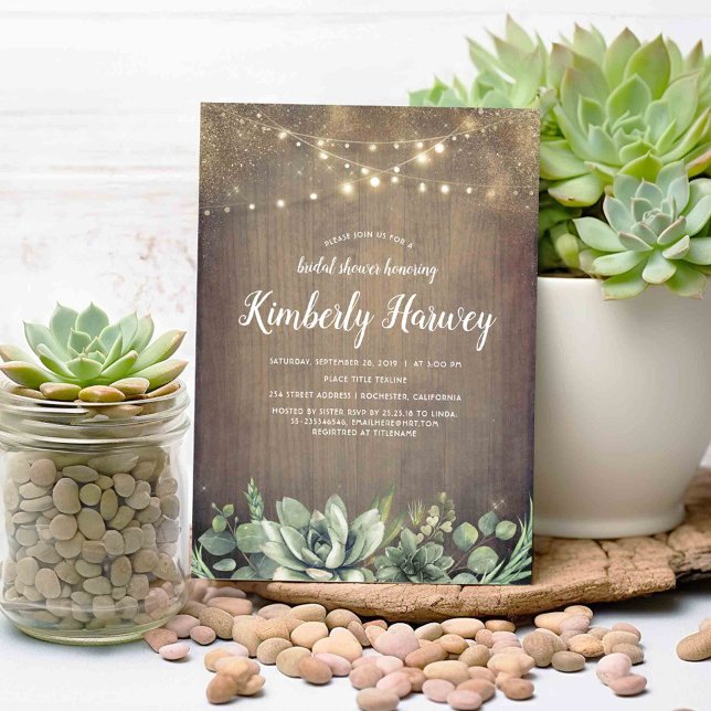 Succulents Greenery Rustic Country Bridal Shower Invitation (Rustic Wood and Succulents Bridal Shower Invitations)