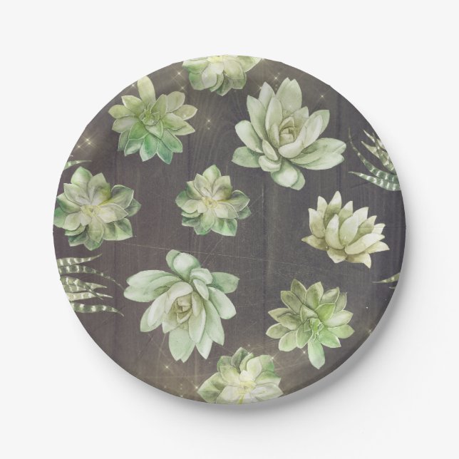 Succulents Greenery Rustic Wood Wedding Paper Plate (Front)