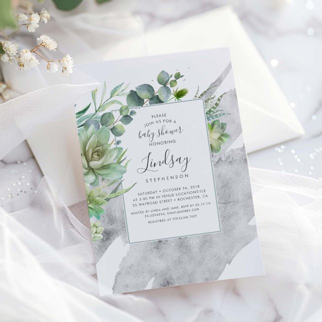 Succulents Greenery Silver Foil Baby Shower Invitation (Silver Greenery Baby Shower Invitation)