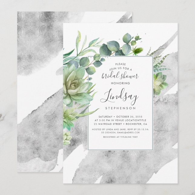 Succulents Greenery Silver Foil Bridal Shower Invitation (Front/Back)