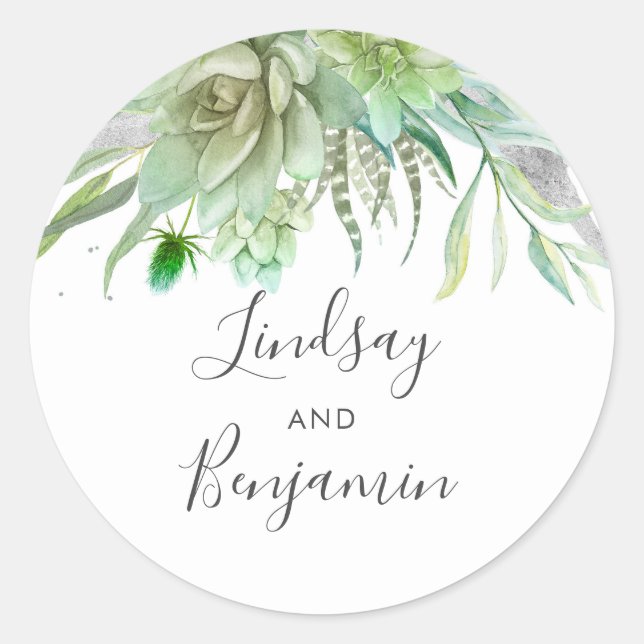 Succulents Greenery Silver Foil Wedding Classic Round Sticker (Front)