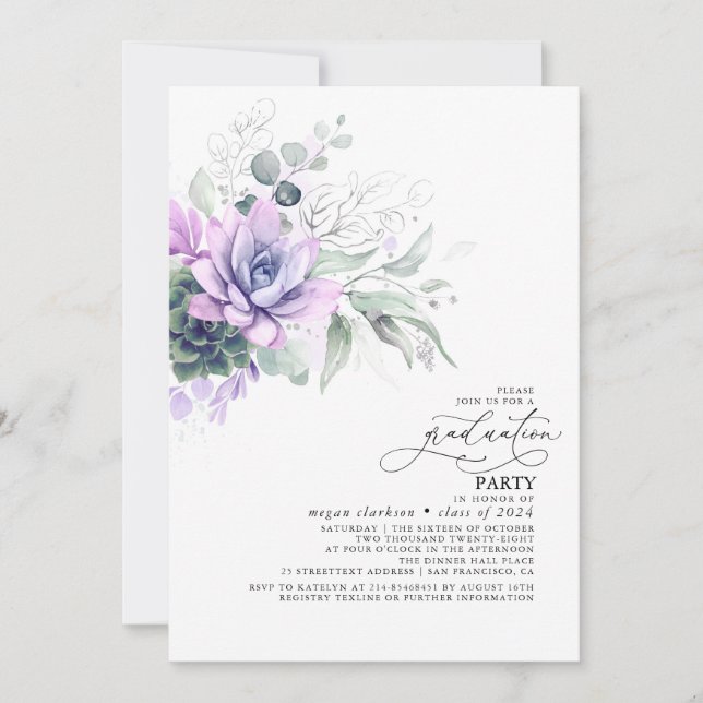 Succulents Greenery Silver Leaves Boho Graduation Invitation (Front)