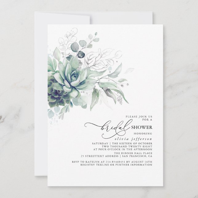 Succulents Greenery Silver Leaves Bridal Shower Invitation (Front)
