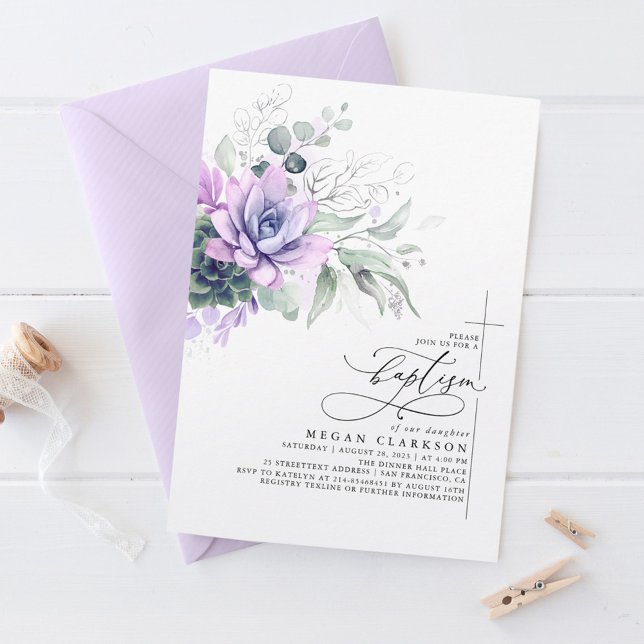 Succulents Greenery Silver Leaves Elegant Baptism Invitation (Succulents and Silver Greenery Purple Baptism Invitations)