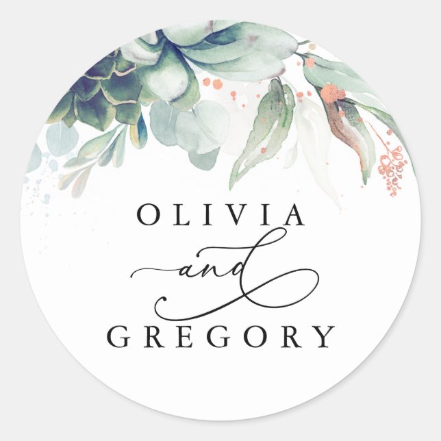 Succulents Greenery Wedding Classic Round Sticker (Front)