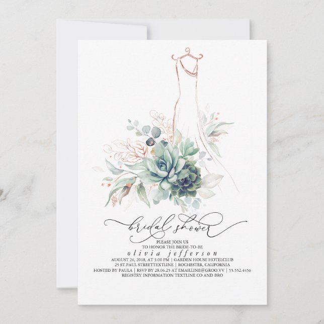 Succulents Greenery Wedding Dress Bridal Shower In Invitation (Front)