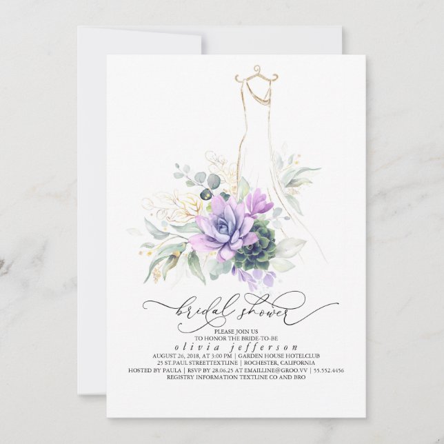 Succulents Greenery Wedding Dress Bridal Shower In Invitation (Front)