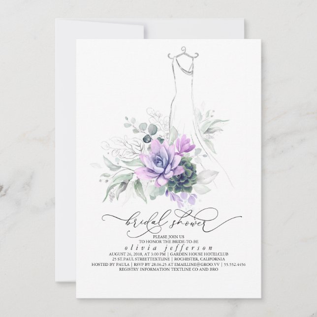 Succulents Greenery Wedding Dress Bridal Shower Invitation (Front)