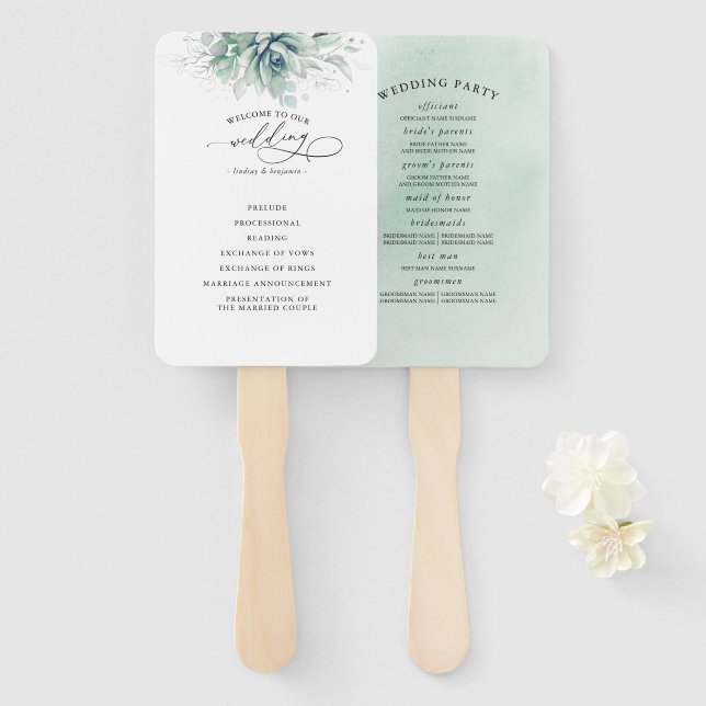 Succulents Greenery Wedding Program Hand Fan (Front and Back)